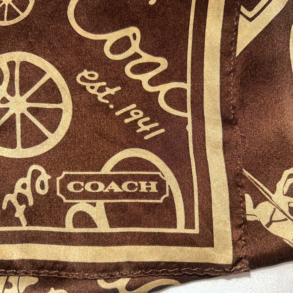 Coach Silk Scarf Brown Beige Horses & Carriage Print Long Rectangular Scarf - Picture 2 of 6
